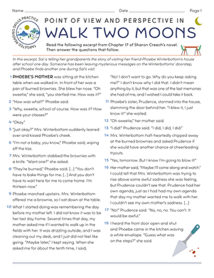 A student completing a reading worksheet about character perspective in Walk Two Moons