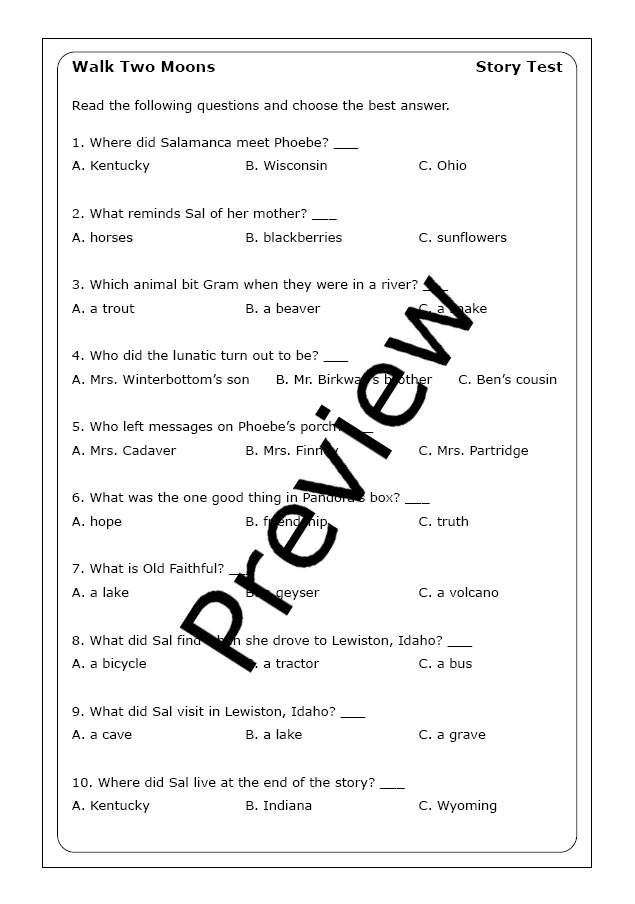 Fifth grade worksheet activity focusing on identifying narrative point of view within an excerpt from Walk Two Moons
