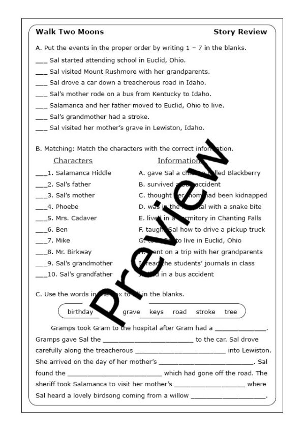 Targeted Reading Skills Practice worksheet featuring a point of view analysis excerpt from Walk Two Moons for fifth graders