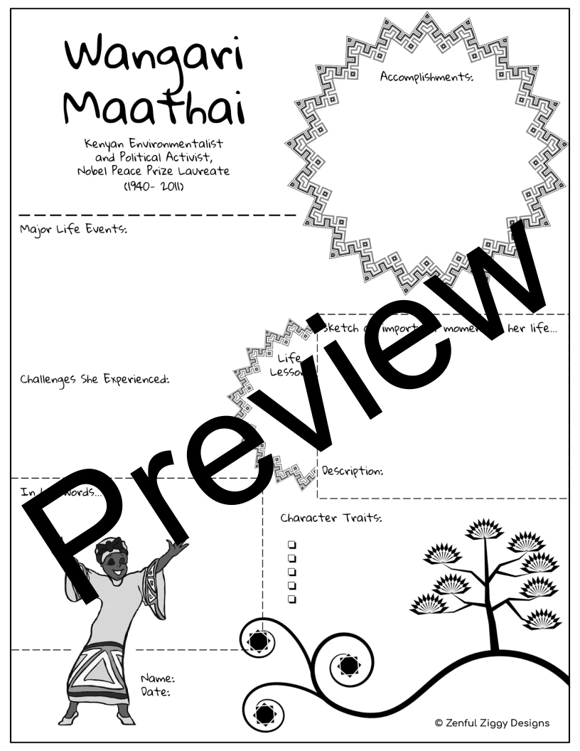 All About Wangari Maathai comprehension activity for elementary learners with nonfiction reading questions Second grade students reading a biography worksheet about Nobel Prize winner Wangari Maathai and her environmental activism work