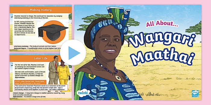 All About Wangari Maathai Reading Comprehension Activity for Young Learners Second grade worksheet featuring a biography of environmental activist Wangari Maathai with comprehension questions for students to answer about her life and achievements