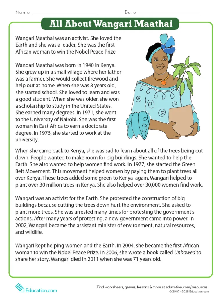 All About Wangari Maathai Worksheet Number 9 Second grade reading comprehension worksheet featuring a biography of environmental activist Wangari Maathai