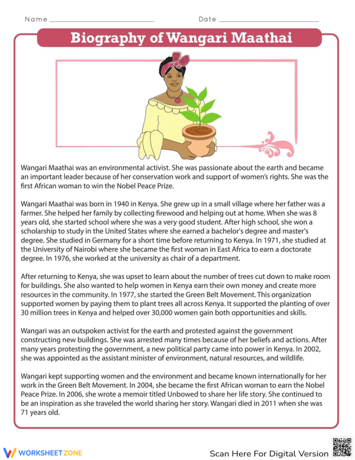 All About Wangari Maathai Reading Comprehension Activity for Young Learners Second grade students reading a biography worksheet about Nobel Prize winner Wangari Maathai with comprehension questions about her environmental activism