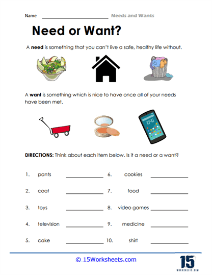 Kindergarten worksheet activity focusing on sorting items between wants and needs