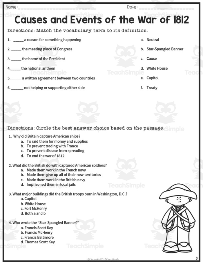 Sixth grade students working on a social studies worksheet about the causes and consequences of the War of 1812
