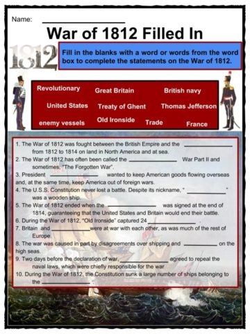 Sixth grade social studies worksheet covering the primary causes and historical outcomes of the War of 1812