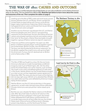 Sixth grade students analyzing causes and outcomes of the War of 1812 on a two-page worksheet with text and activity sections
