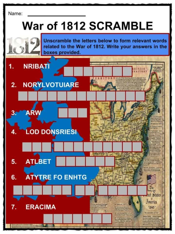 Sixth grade students examining causes and outcomes of the War of 1812 on a two-page worksheet activity