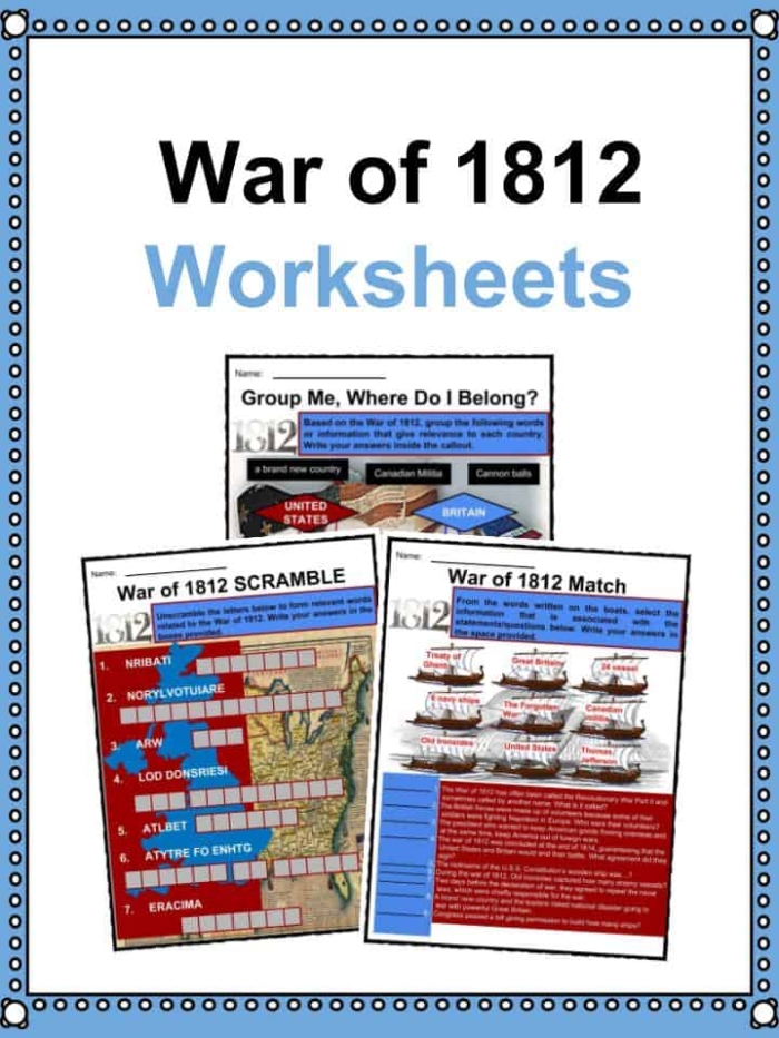 Students reviewing historical questions on a two-page War of 1812 worksheet about causes and outcomes