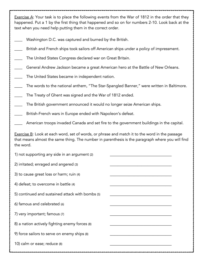 A two-page sixth grade social studies worksheet covering the history and impact of the War of 1812