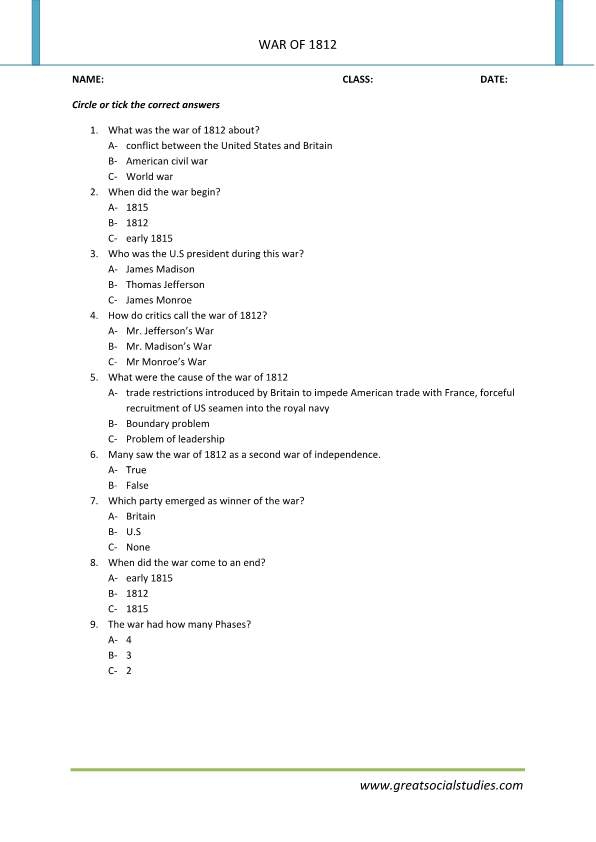 Sixth grade social studies worksheet covering the primary causes and historical outcomes of the War of 1812