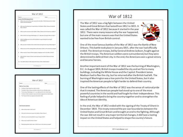 Sixth grade social studies worksheet covering the primary causes and historical outcomes of the War of 1812