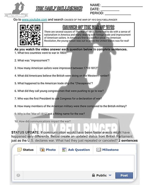 Sixth grade history worksheet covering the primary causes and historical outcomes of the War of 1812