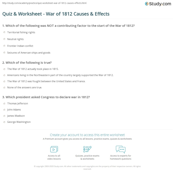 Sixth grade students completing a worksheet activity about the causes and outcomes of the War of 1812 in American history