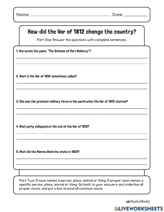 Sixth grade students analyzing causes and outcomes of the War of 1812 on a two-page social studies worksheet