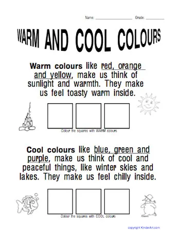 Colorful worksheet introducing warm and cool colors with a beach theme for kindergarten students