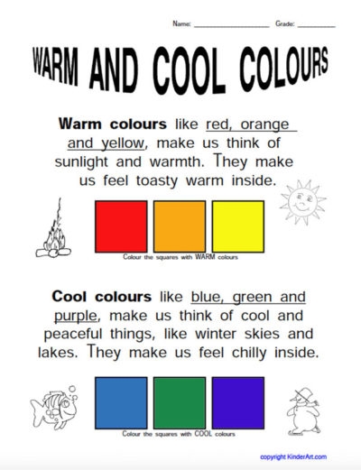 Warm and Cool Colors worksheet featuring a beach scene for kindergarten students