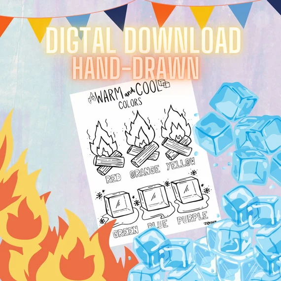 Kindergarten worksheet featuring a beach-themed coloring activity to teach students the difference between warm and cool colors