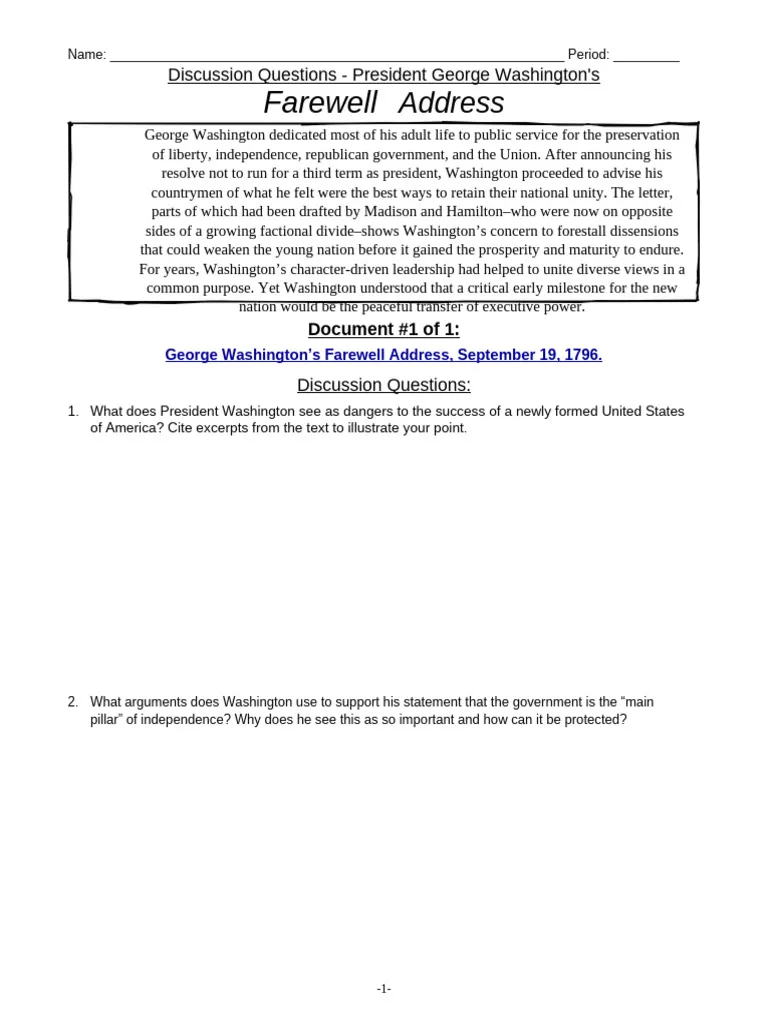 Students analyzing excerpts from George Washington's Farewell Address as a primary source document in a seventh grade social studies worksheet