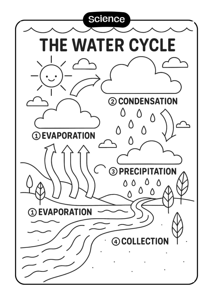 Fifth grade students coloring a detailed diagram of the water cycle for science class 21