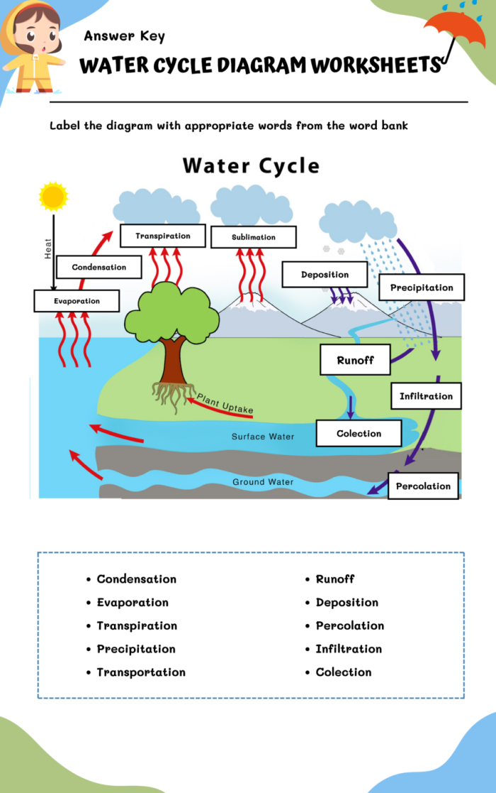 First grade water cycle diagram with blank labels for students to cut and paste the correct terms for evaporation, condensation, and precipitation
