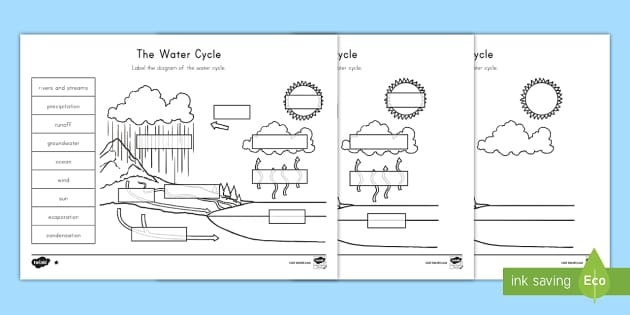 First grade student completing a water cycle diagram worksheet about cloud formation and rain