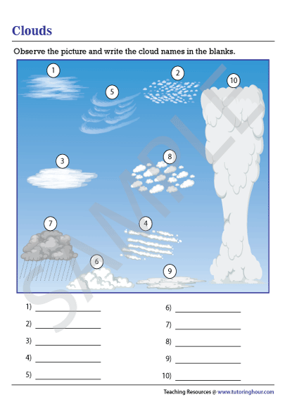 Diagram showing water cycle steps with labeled arrows and blanks for students to complete cloud formation process