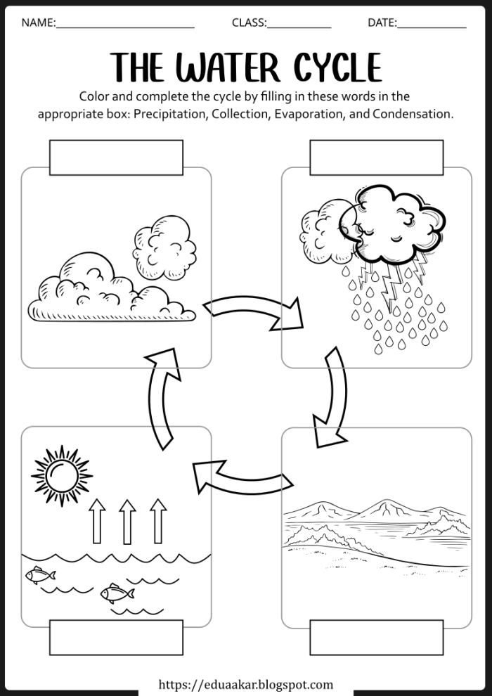 A first grade student cutting and pasting labels onto a water cycle diagram worksheet