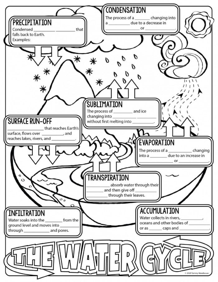 First grade water cycle diagram with blank labels for students to identify evaporation, condensation, and precipitation stages