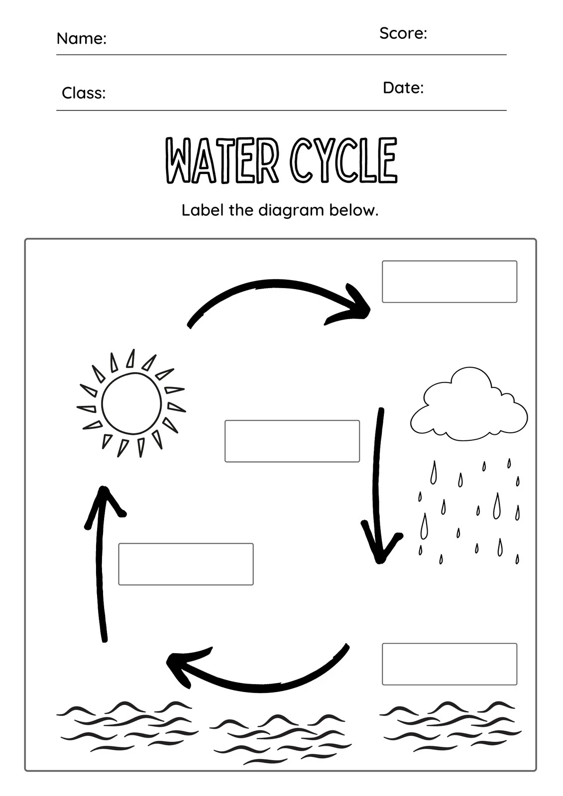 First grade student filling out a water cycle diagram worksheet about cloud formation and rain