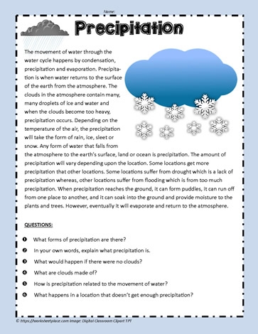 A colorful diagram showing the water cycle with precipitation falling from clouds, evaporation from water, and condensation processes labeled for third grade students to match and learn