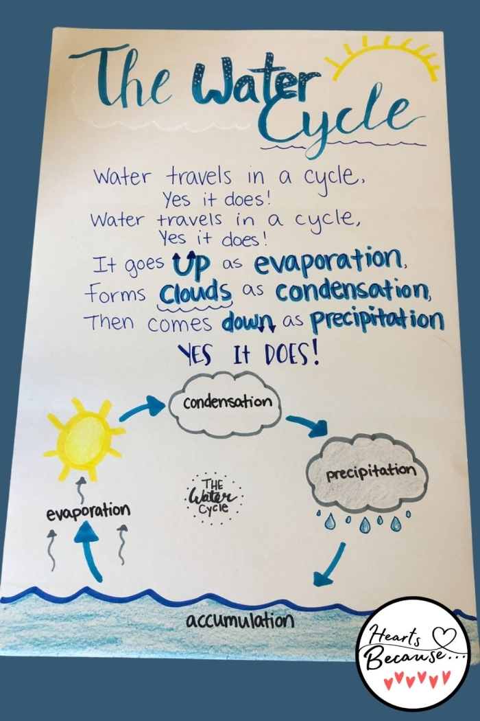 Fifth grade student worksheet showing a labeled diagram of the water cycle for coloring