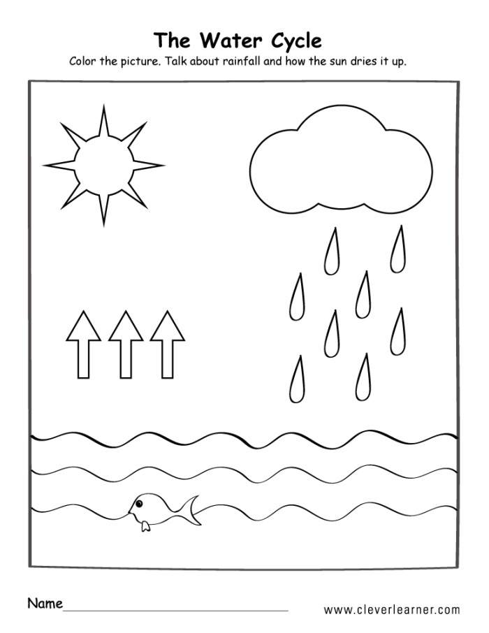 First grade student working on a water cycle diagram worksheet about cloud formation and rain