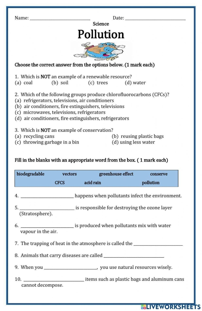 Sixth grade environmental science worksheet focusing on human impact and water pollution case studies