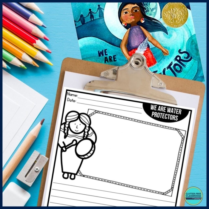 Seventh grade students reading about indigenous women water protectors in a comprehension worksheet activity