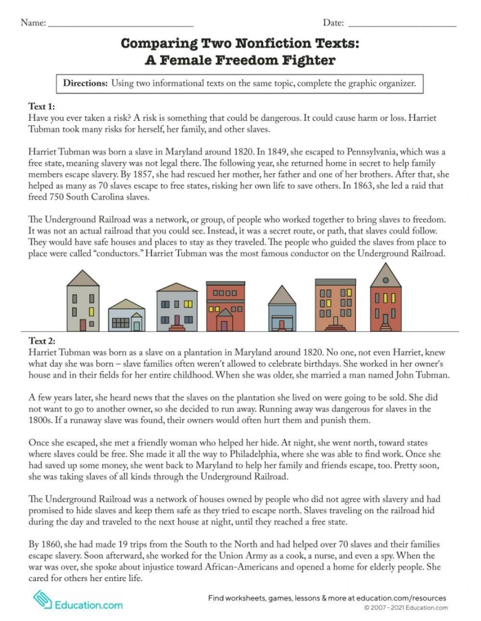 Third grade worksheet showing comparison activity between two nonfiction texts about water's influence with reading comprehension questions