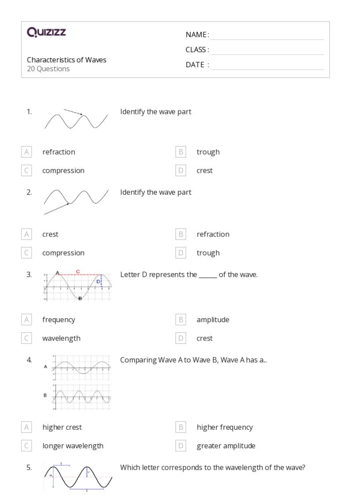 Sixth grade science worksheet focused on wave energy and amplitude calculations