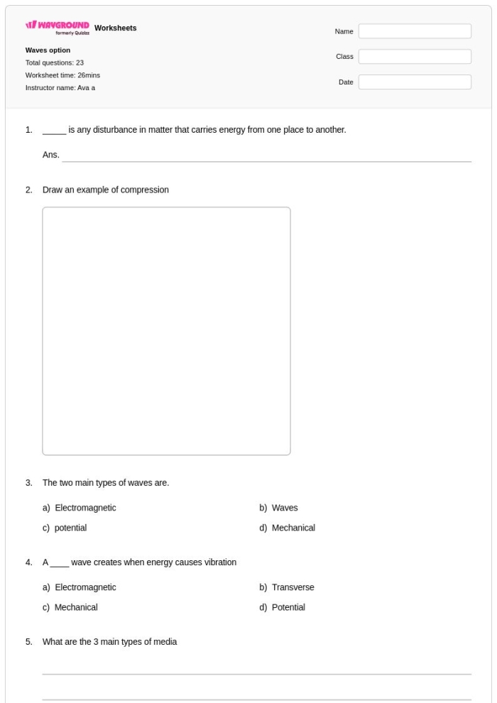 Diagram showing wave amplitude and frequency relationships with labeled examples for middle school physics students