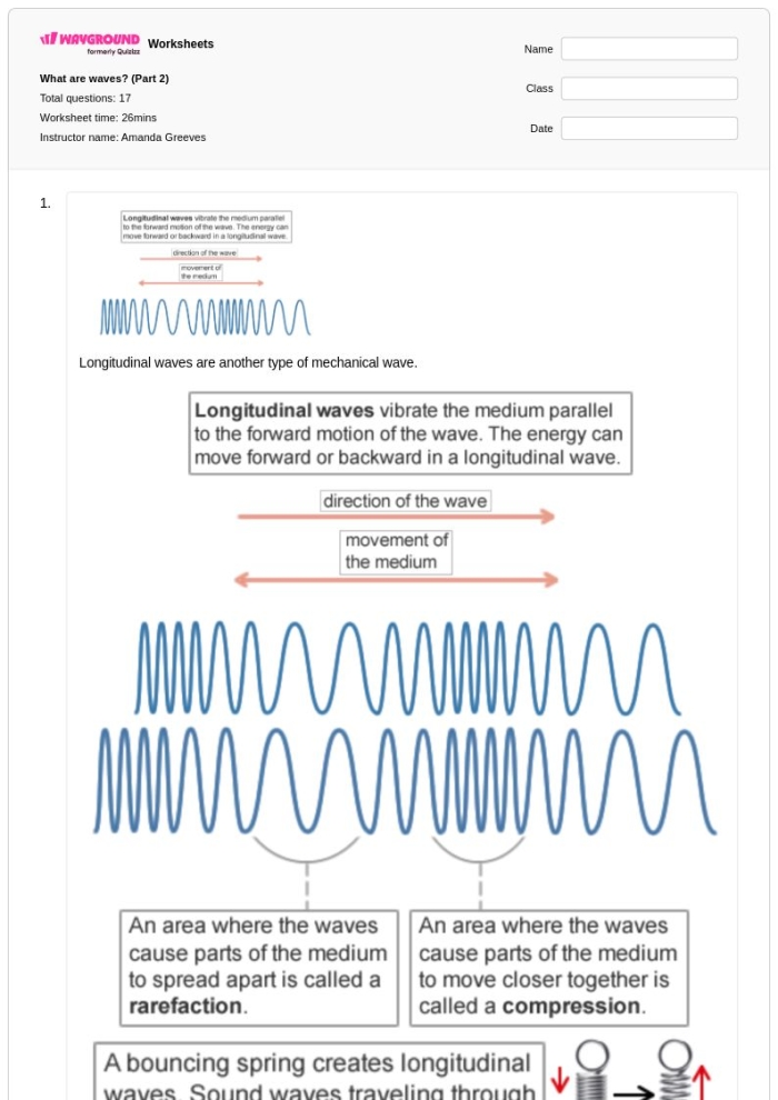 Sixth grade science worksheet covering wave energy amplitude and frequency concepts