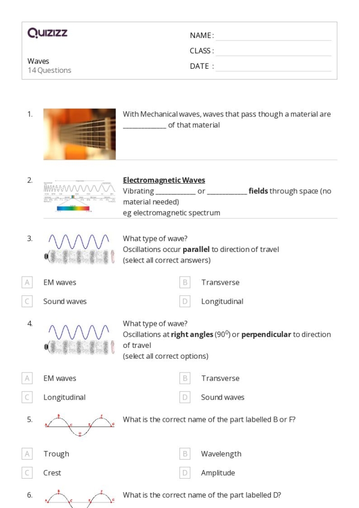 Diagram showing wave amplitude and frequency relationships with labeled examples of high and low energy waves for sixth grade science students