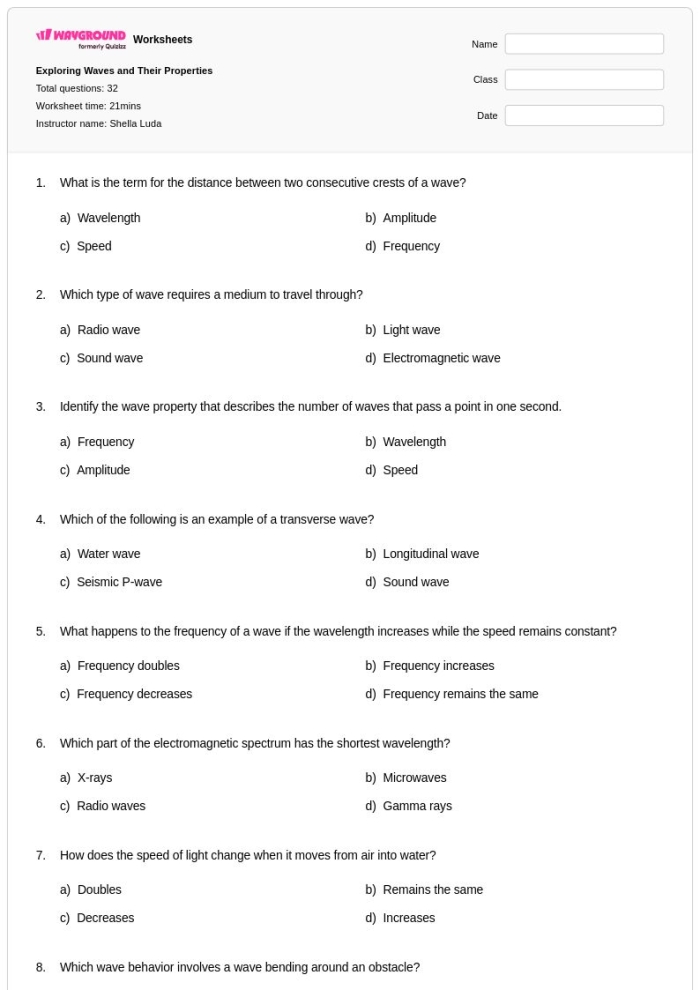 Sixth grade science students practicing concepts of energy amplitude and frequency on Characteristics of Waves Part 2 worksheet