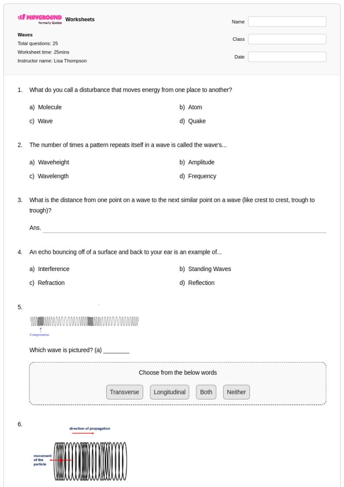 Sixth grade students practicing wave energy amplitude and frequency concepts on a worksheet