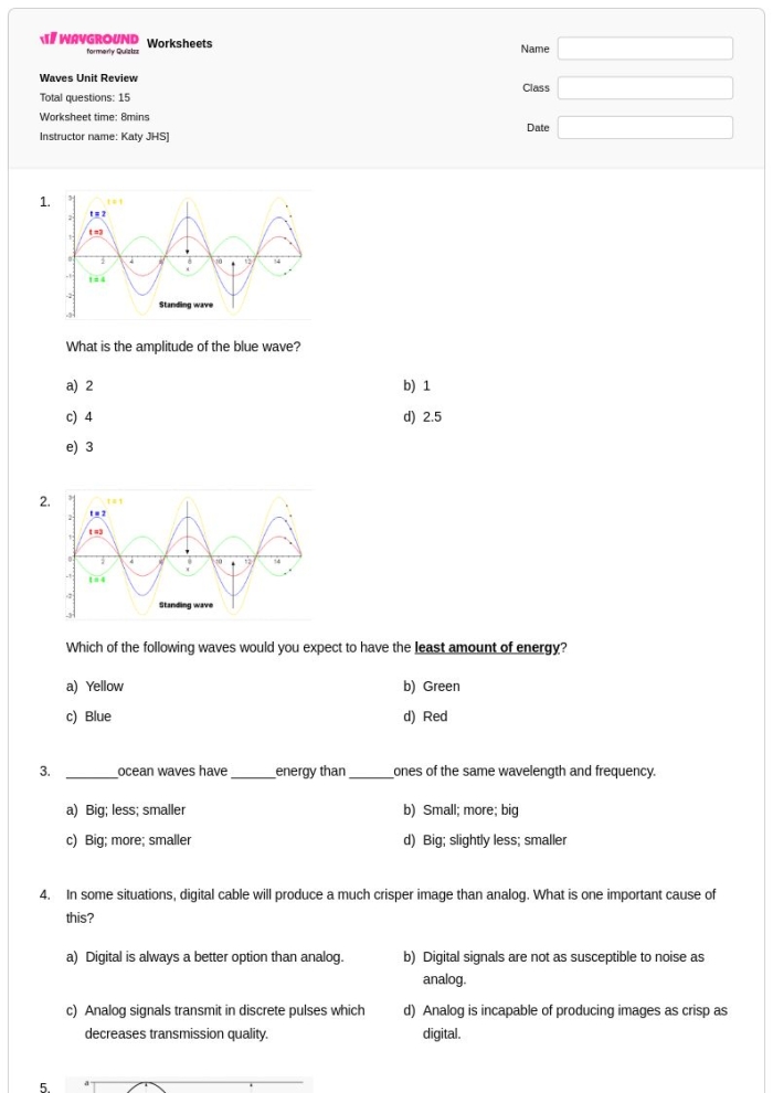Sixth grade students practicing wave energy and frequency calculations on an educational worksheet