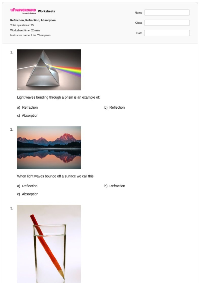Transmission, Absorption, and Reflection: A Hands-On Science Worksheet Worksheet illustrating wave interactions with various materials for sixth graders