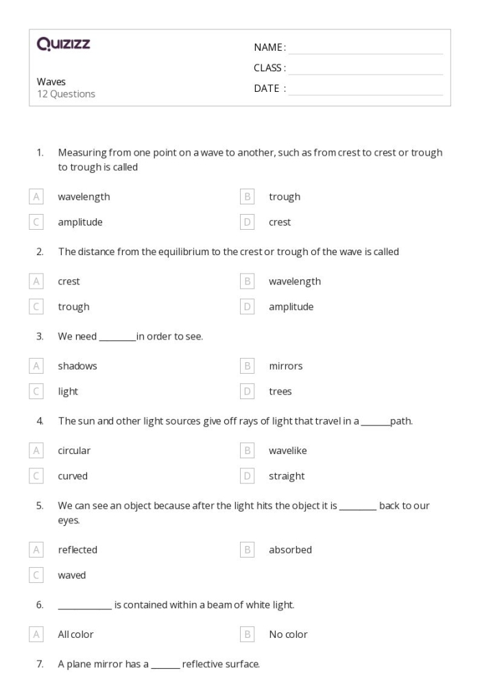 Sixth grade science worksheet focused on wave energy amplitude and frequency part two