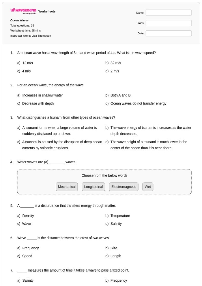 Sixth grade physical science worksheet focusing on the foundational properties of wave mechanics
