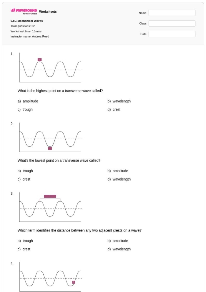Sixth grade student analyzing wave diagrams showing amplitude and frequency relationships on a science worksheet
