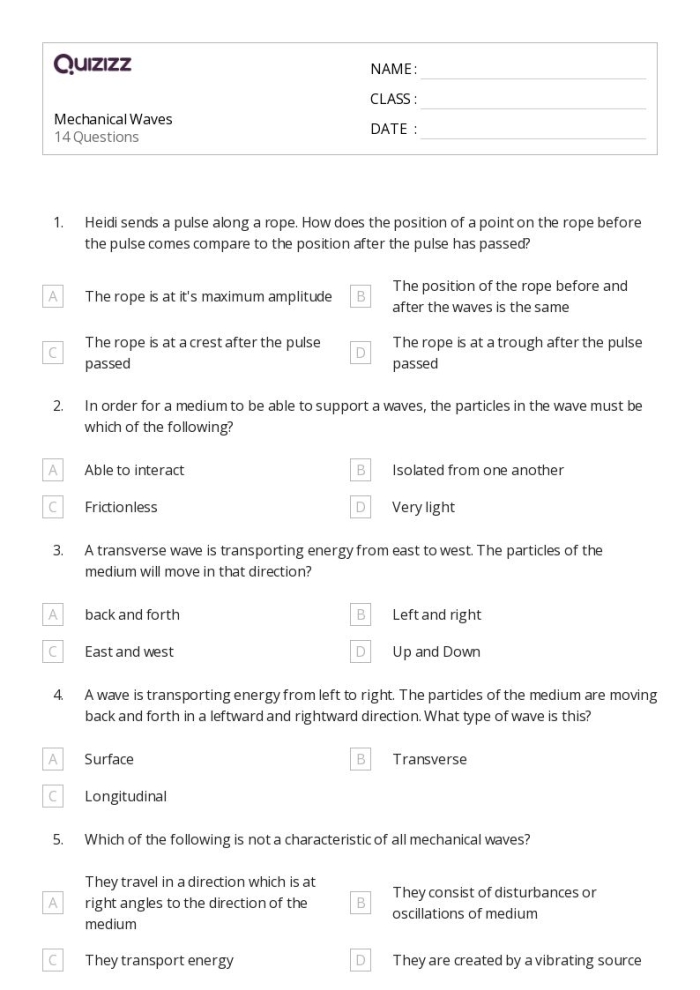 Sixth grade science worksheet exploring the core characteristics of waves in part one