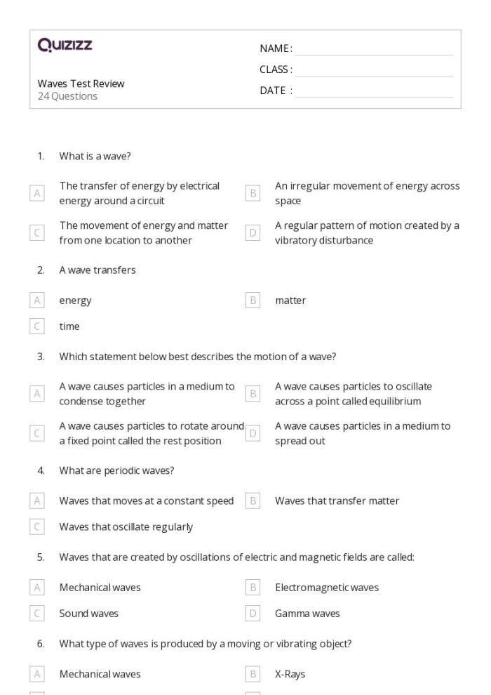 A sixth grade science worksheet focusing on wave characteristics and wave properties for middle school students