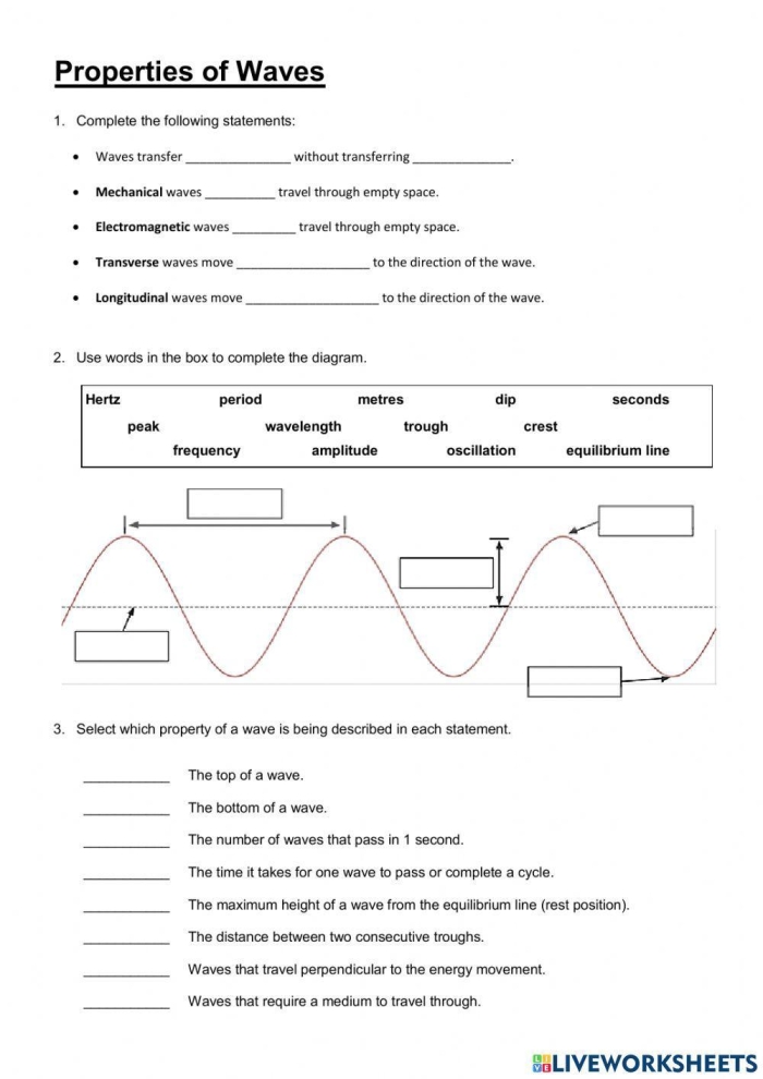 Worksheet exploring the characteristics of waves for sixth graders